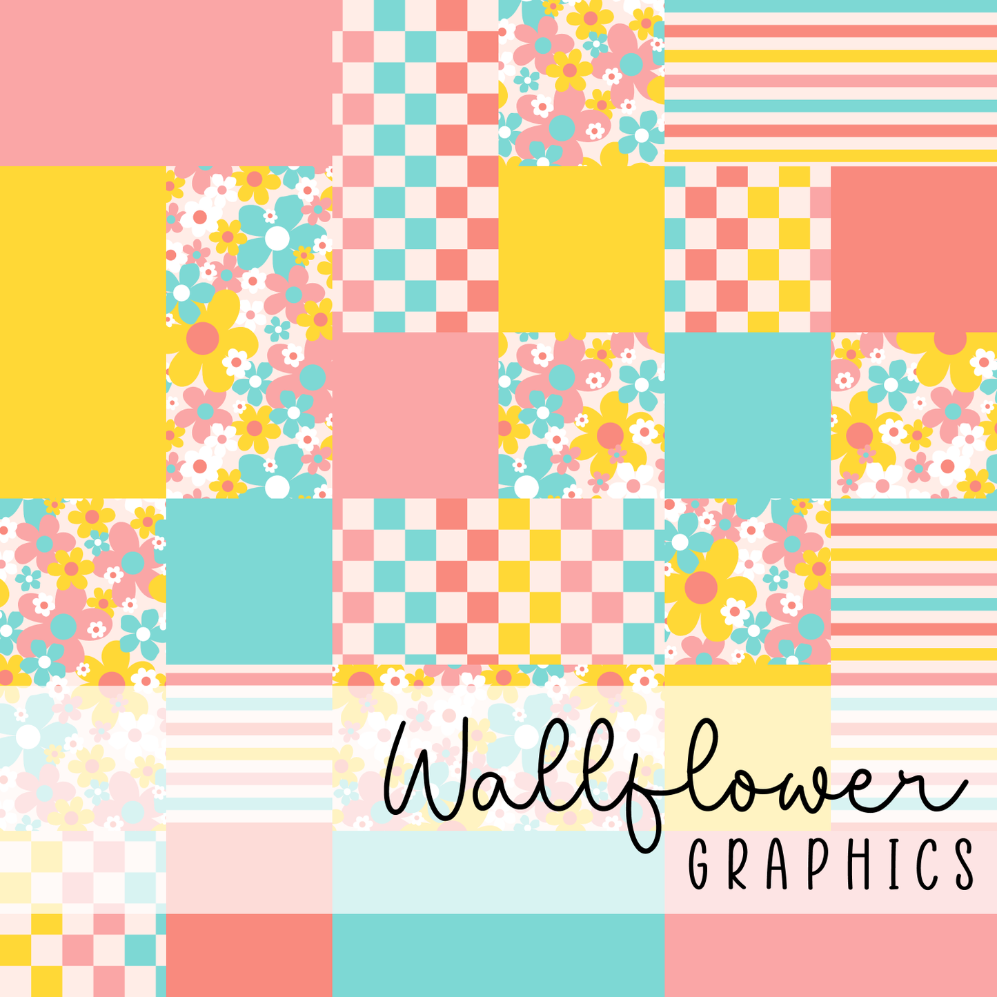 summer groovy floral-Blue-Pink-Yellow-Patchwork Wide Rib