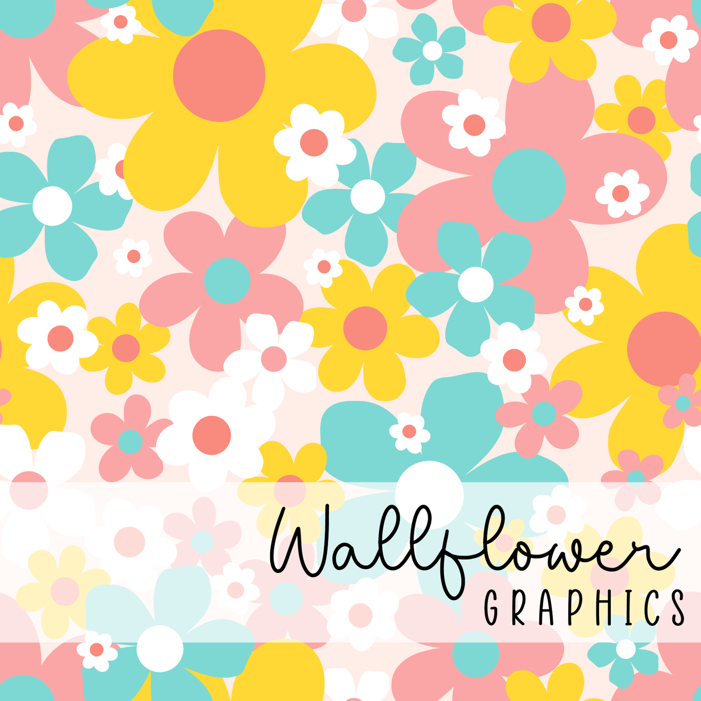 summer groovy floral-Blue-Pink-Yellow Wide Rib